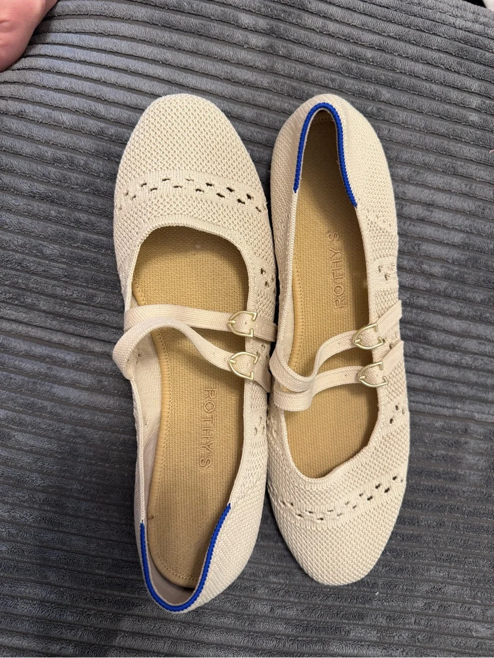Rothy's Cream Knit Double-Strap Ballet Flats with Gold Buckles